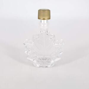 Maple Leaf Shape Empty Clear Glass Syrup Bottle w/Top Cap Lid Front Embossed Jar